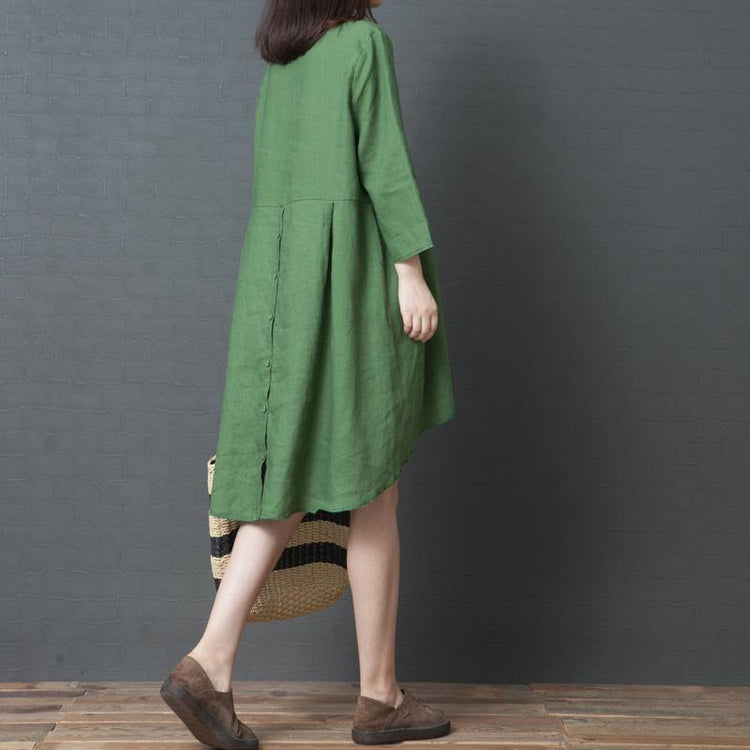 Elegant o neck asymmetric linen dress Boho green daily Dresses - Omychic