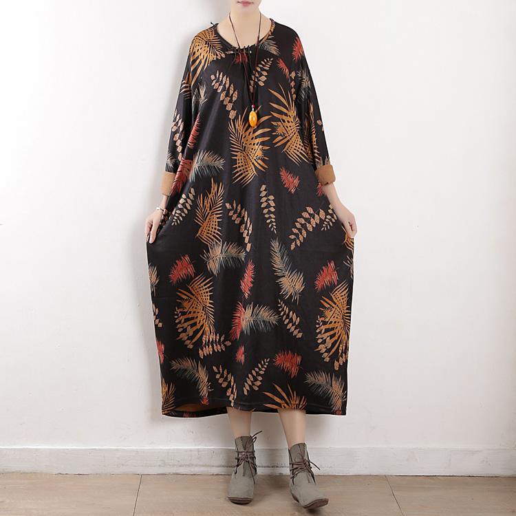 Elegant o neck clothes Women Catwalk black print knit cotton robes Dresses - Omychic