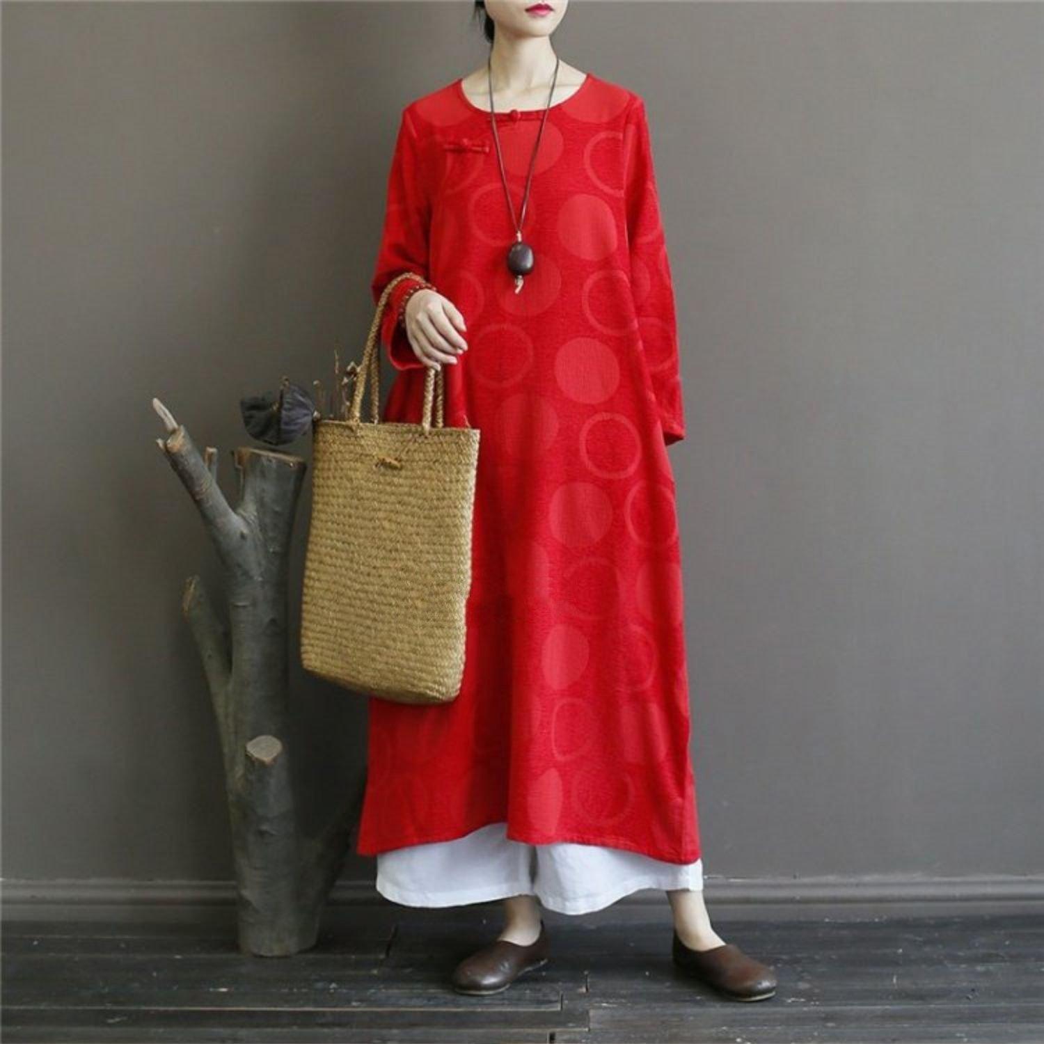 Elegant o neck cotton spring quilting dresses design red prints Vestidos De Lino Dresses - Omychic