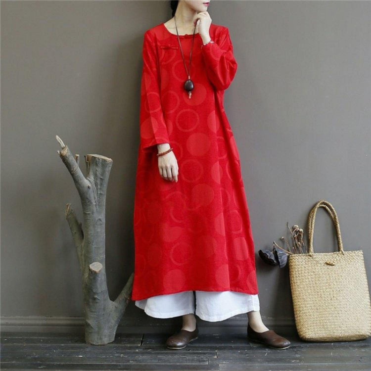 Elegant o neck cotton spring quilting dresses design red prints Vestidos De Lino Dresses - Omychic