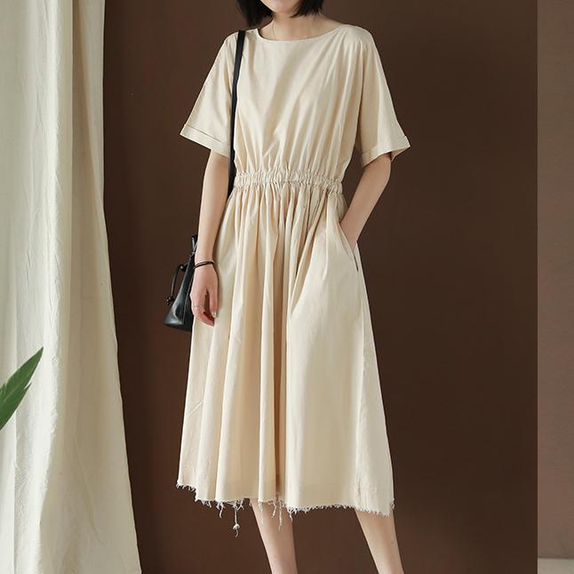 Elegant o neck elastic waist cotton Tunics Outfits nude Dress summer - Omychic
