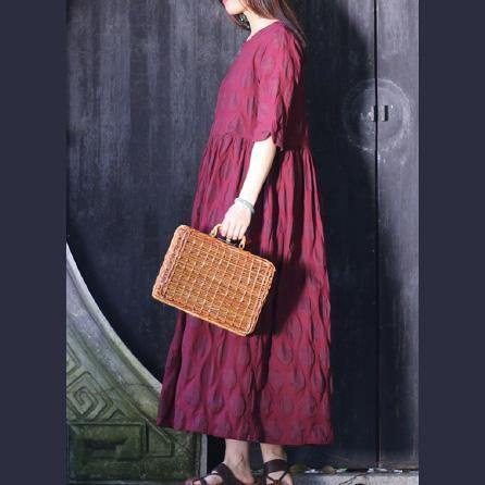Elegant o neck half sleeve cotton clothes Stitches Neckline burgundy dotted Traveling Dress Summer - Omychic
