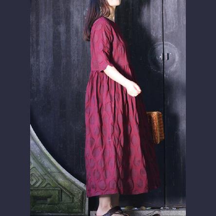 Elegant o neck half sleeve cotton clothes Stitches Neckline burgundy dotted Traveling Dress Summer - Omychic