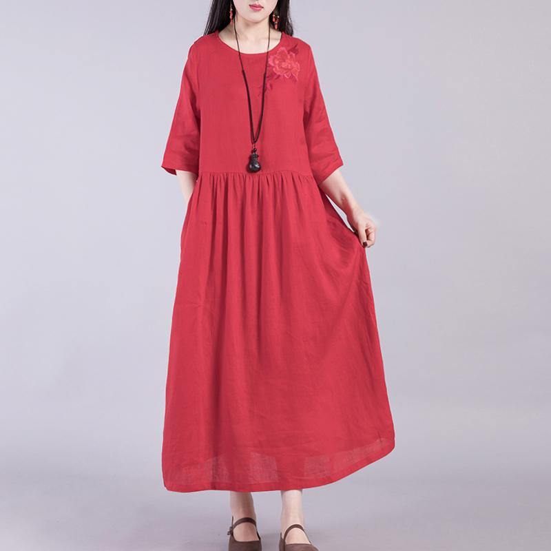 Elegant o neck linen clothes Cotton red embroidery Dresses autumn - Omychic