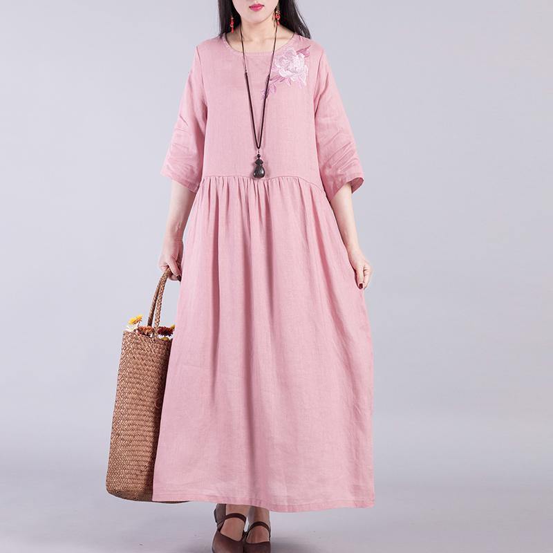 Elegant o neck linen clothes Cotton red embroidery Dresses autumn - Omychic