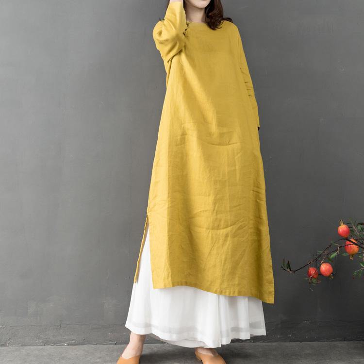 Elegant O Neck Linen Clothes Fabrics Yellow Dress - Omychic