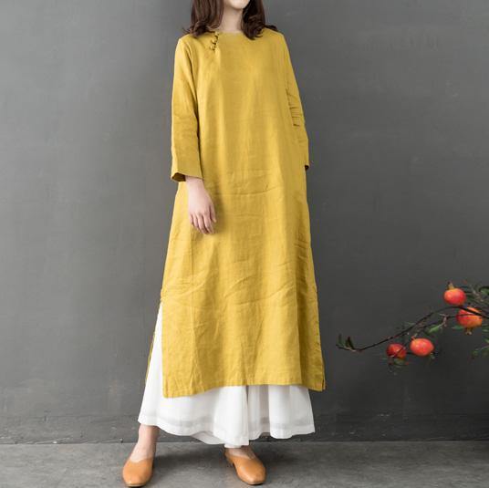 Elegant O Neck Linen Clothes Fabrics Yellow Dress - Omychic