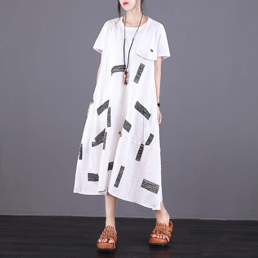 Elegant o neck patchwork linen Robes Sewing white Dresses summer - Omychic
