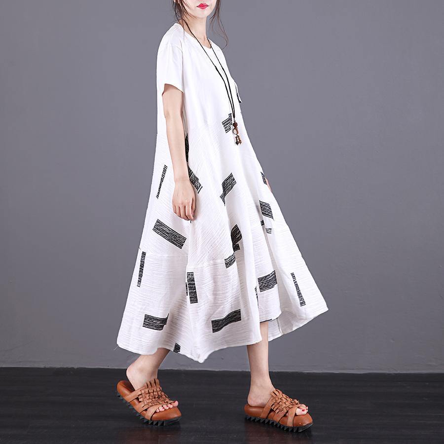 Elegant o neck patchwork linen Robes Sewing white Dresses summer - Omychic