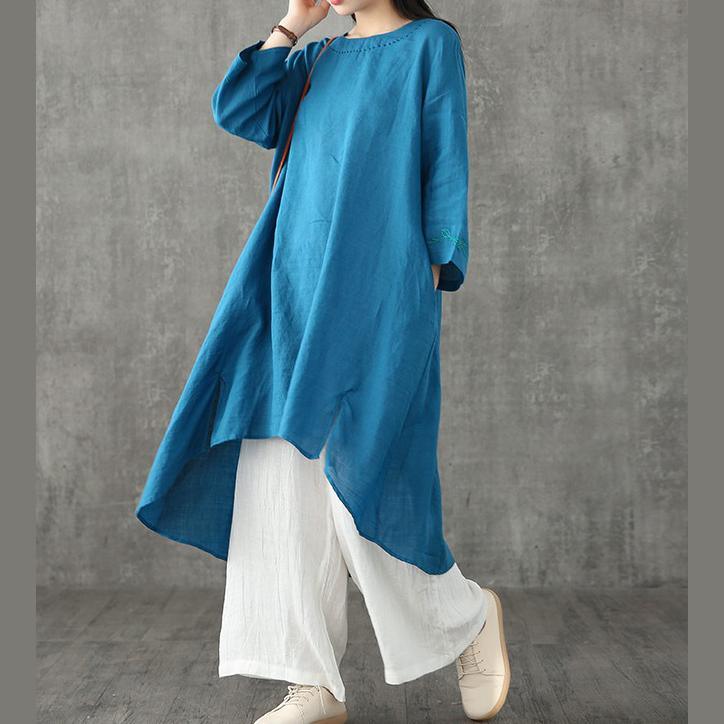 Elegant o neck patchwork linen clothes pattern blue Dress summer - Omychic