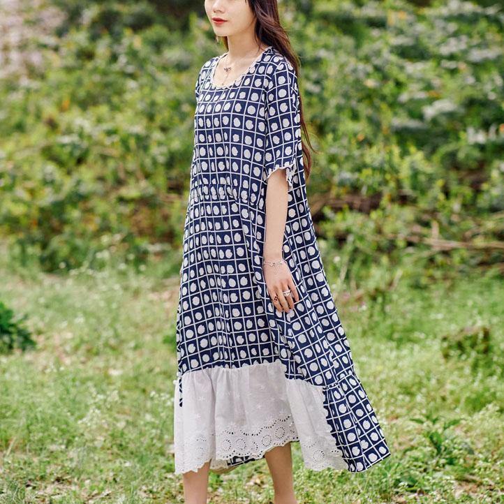 Elegant o neck patchwork linen cotton Shape navy print Dresses summer - Omychic