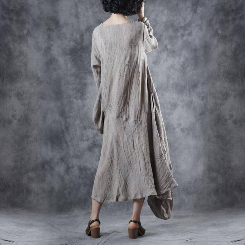 Elegant o neck patchwork linen cotton outfit Catwalk beige Dress - Omychic