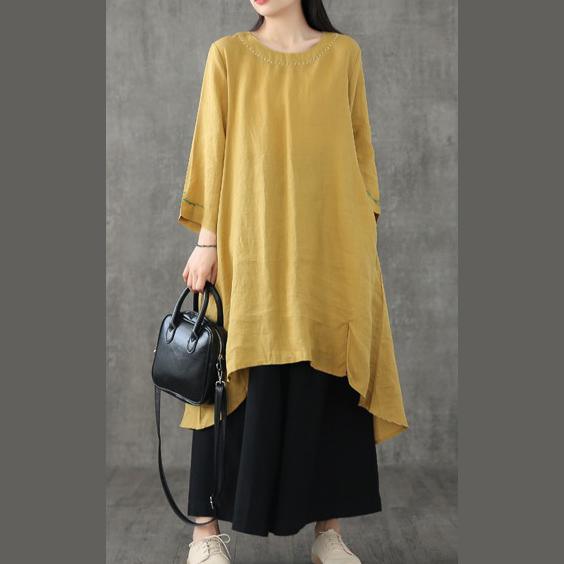Elegant o neck patchwork linen dress Shape yellow Dresses summer - Omychic