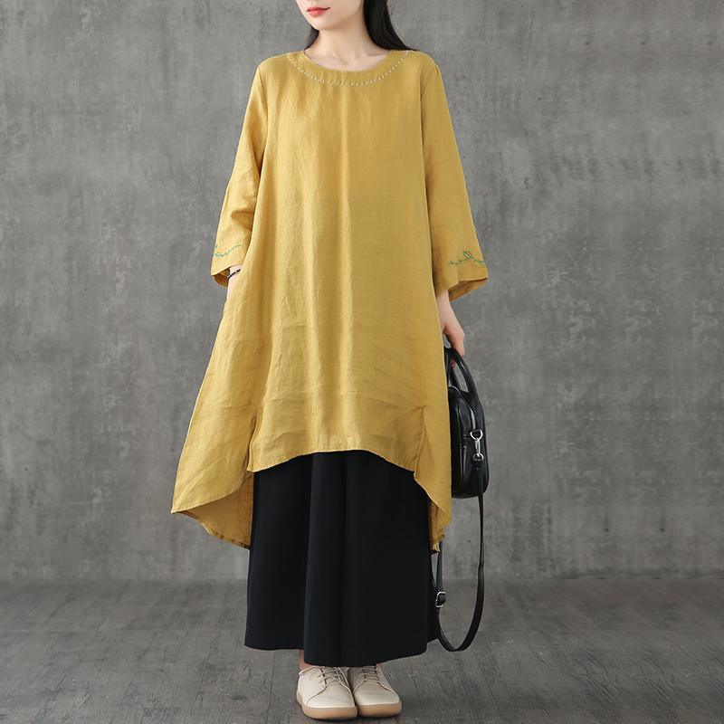 Elegant o neck patchwork linen dress Shape yellow Dresses summer - Omychic