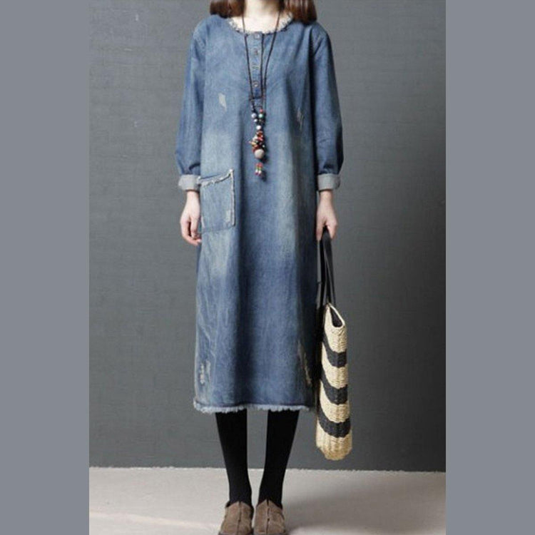 Elegant o neck pockets cotton tunic pattern plus size Sleeve denim blue Art Dress - Omychic