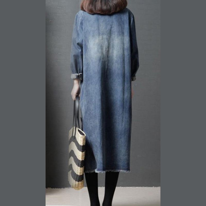 Elegant o neck pockets cotton tunic pattern plus size Sleeve denim blue Art Dress - Omychic