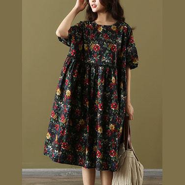 Elegant o neck wrinkled Cotton Wardrobes Ward robes blue print Dresses summer - Omychic