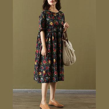 Elegant o neck wrinkled Cotton Wardrobes Ward robes blue print Dresses summer - Omychic