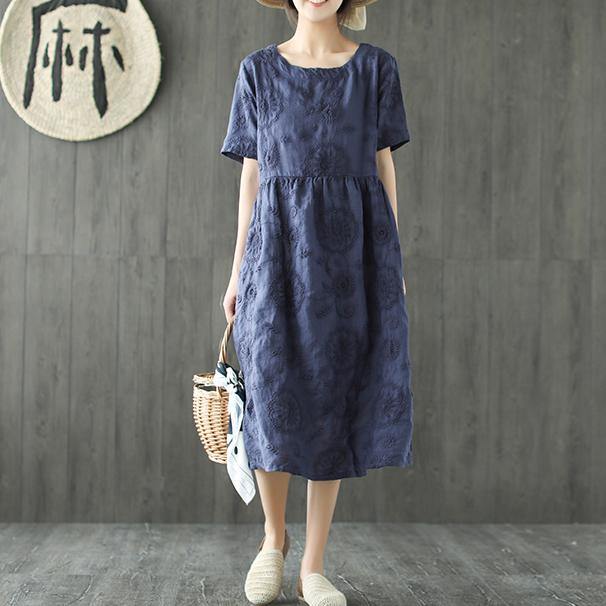 Elegant o neck wrinkled linen clothes Catwalk navy embroidery Dress summer - Omychic