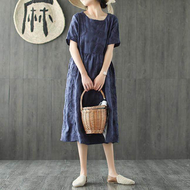 Elegant o neck wrinkled linen clothes Catwalk navy embroidery Dress summer - Omychic