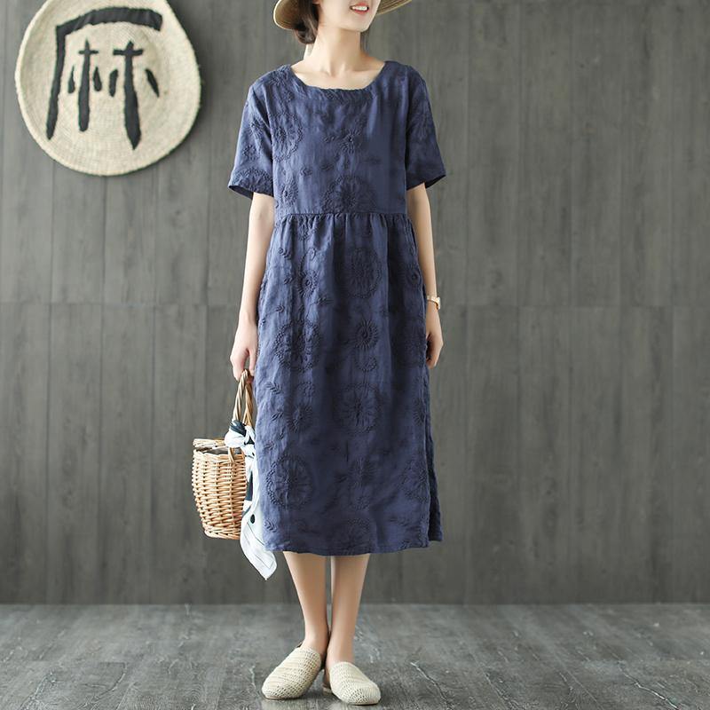 Elegant o neck wrinkled linen clothes Catwalk navy embroidery Dress summer - Omychic