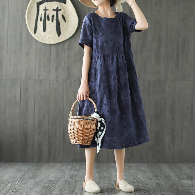 Elegant o neck wrinkled linen clothes Catwalk navy embroidery Dress summer - Omychic