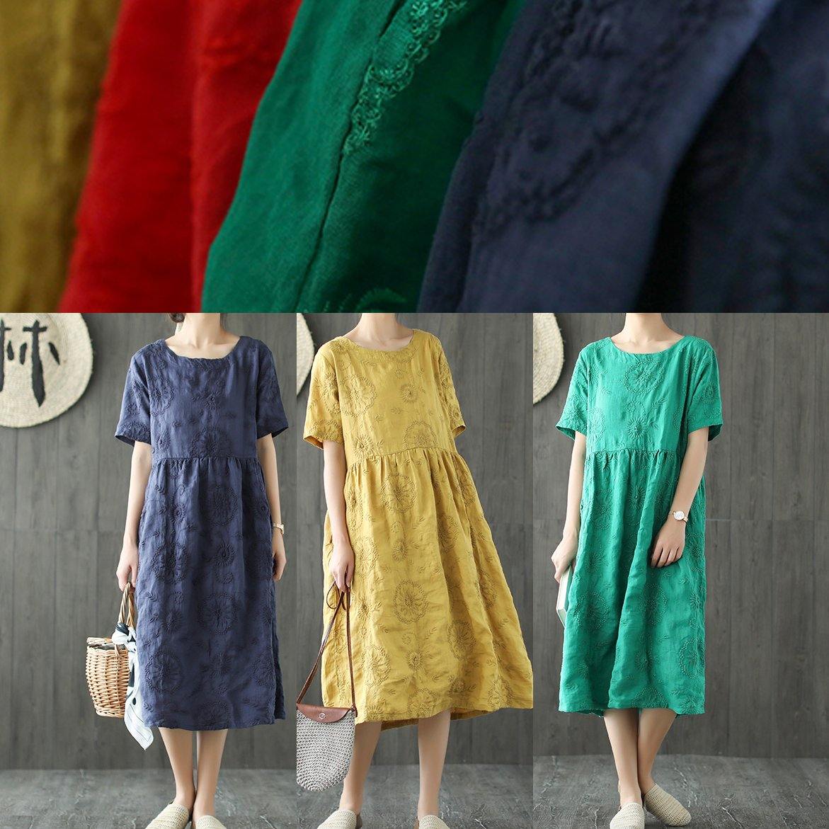 Elegant o neck wrinkled linen clothes Catwalk navy embroidery Dress summer - Omychic