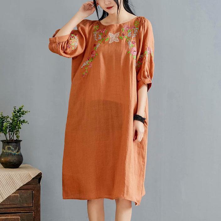 Elegant orange embroidery linen clothes o neck half sleeve Knee summer Dress - Omychic