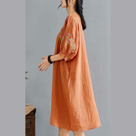 Elegant orange embroidery linen clothes o neck half sleeve Knee summer Dress - Omychic