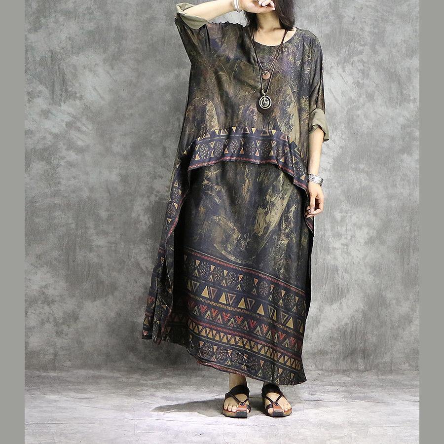 Elegant patchwork Chiffon clothes Mom Neckline khaki Traveling Dresses summer - Omychic