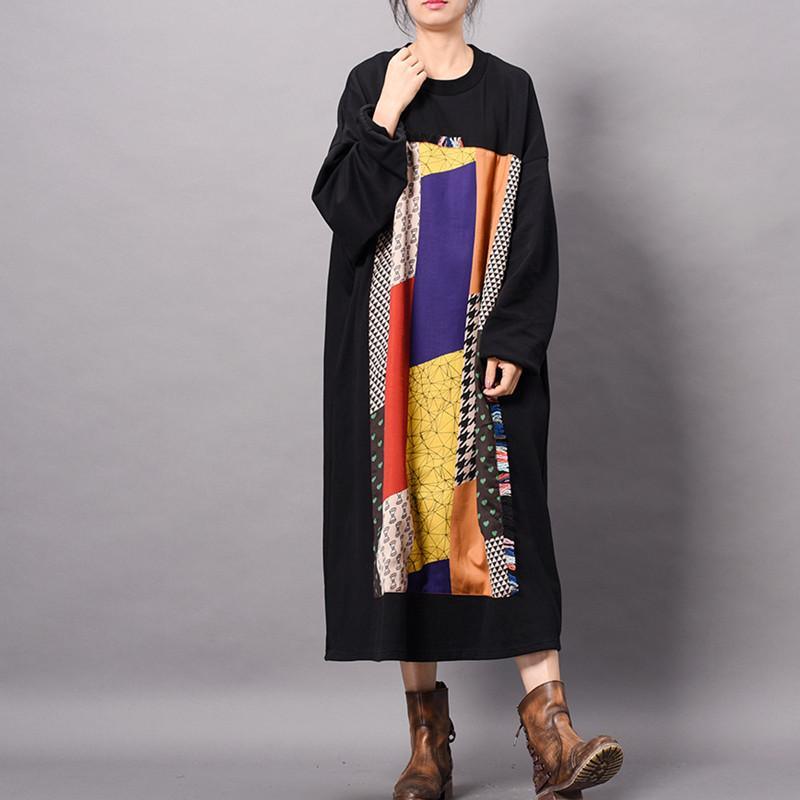 Elegant patchwork cotton fall tunic top Wardrobes black A Line Dresses - Omychic