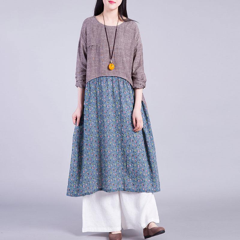 Elegant patchwork linen clothes Work Outfits burgundy prints Dress autumn - Omychic