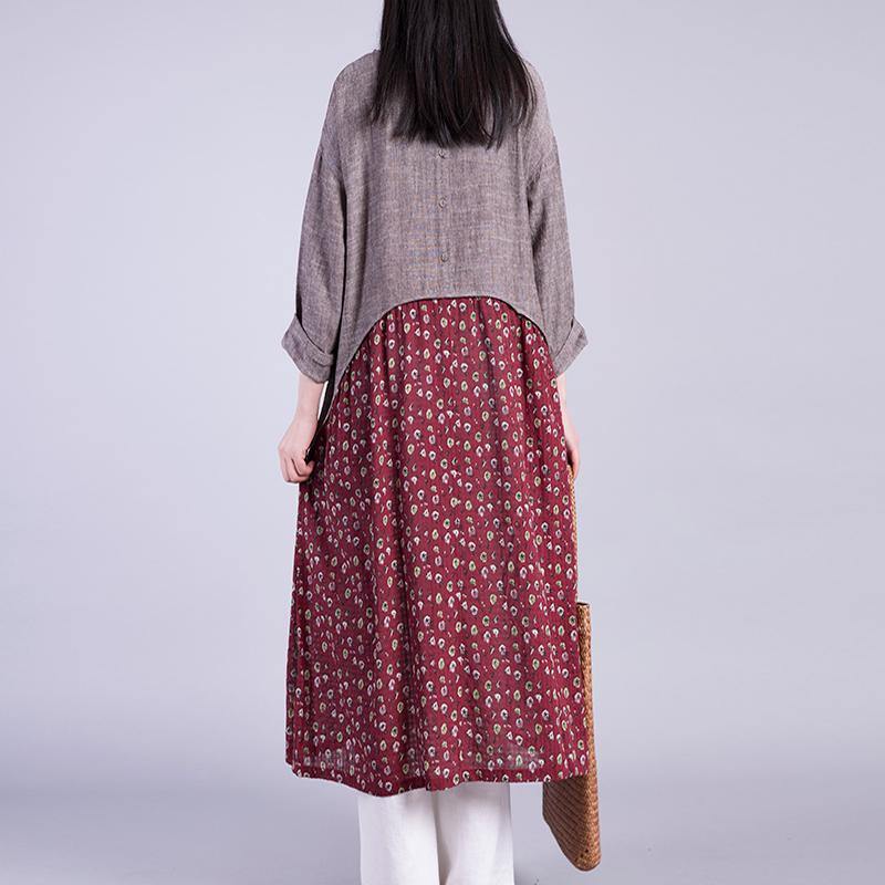 Elegant patchwork linen clothes Work Outfits burgundy prints Dress autumn - Omychic