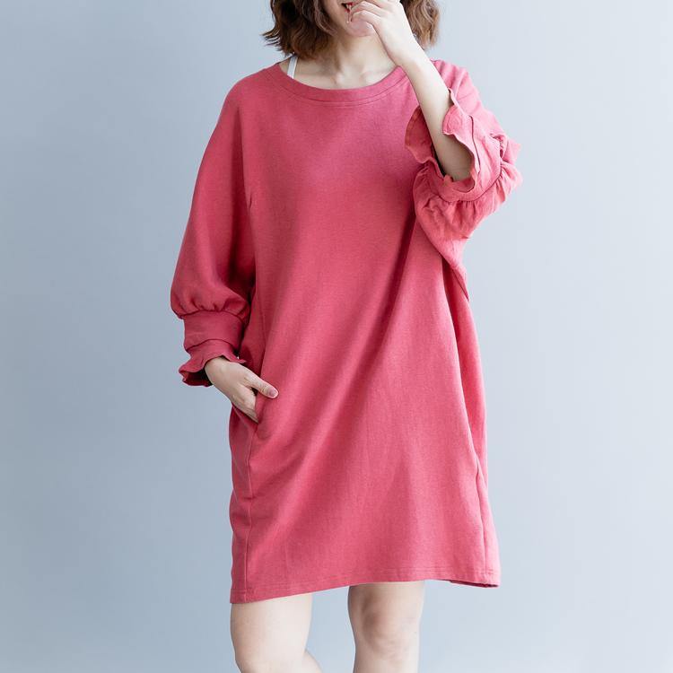 Elegant pink 2018 fall dress trendy plus size autumn shirt dress lantern sleeve top quality o neck natural cotton dress - Omychic