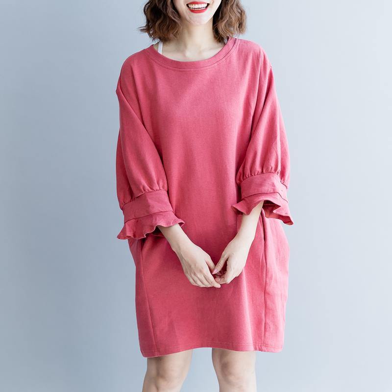 Elegant pink 2018 fall dress trendy plus size autumn shirt dress lantern sleeve top quality o neck natural cotton dress - Omychic