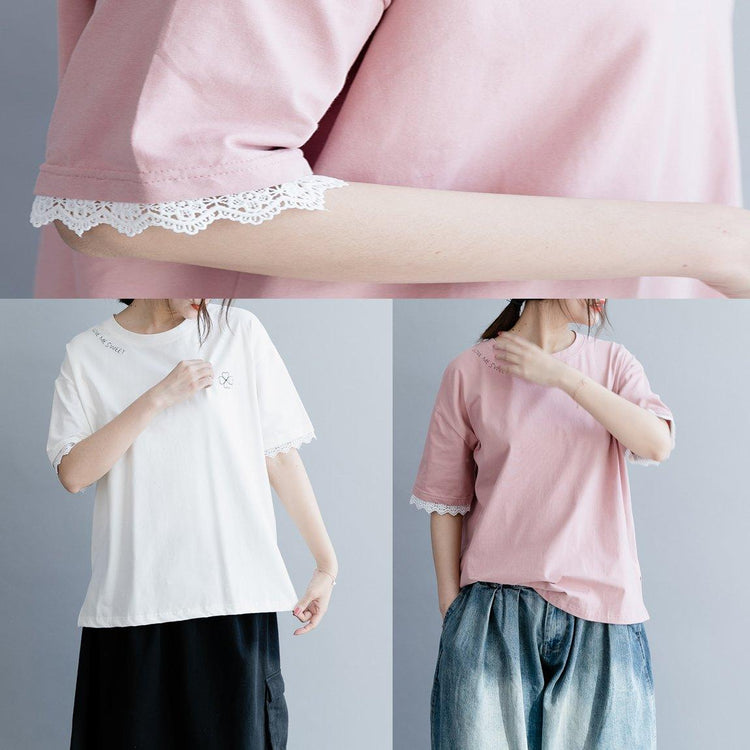 Elegant pink cotton blouses for women Plus Size design o neck short sleeve short summer shirts - Omychic