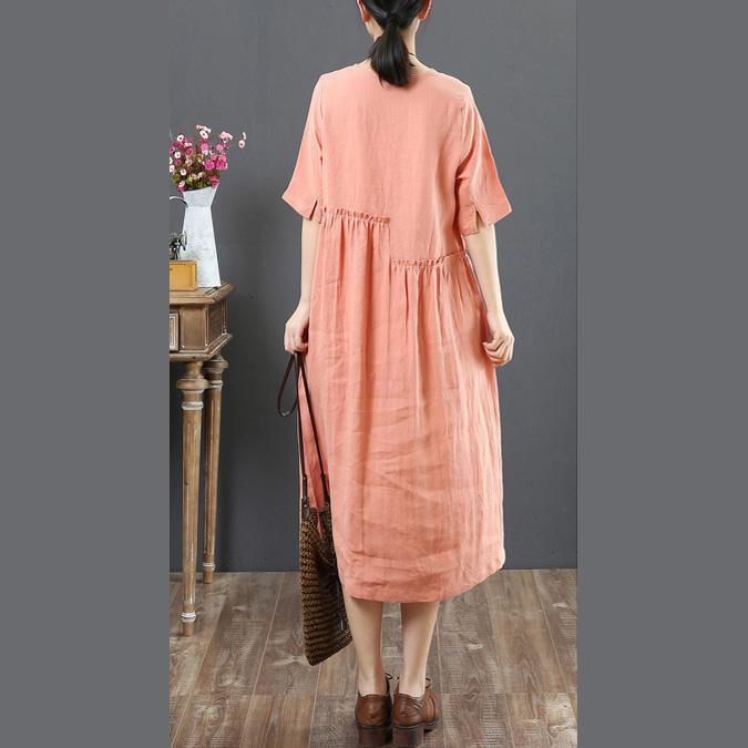 Elegant pink linen clothes top quality Outfits o neck wrinkled short Summer Dress - Omychic