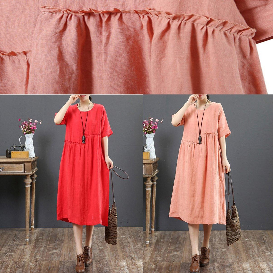 Elegant pink linen clothes top quality Outfits o neck wrinkled short Summer Dress - Omychic