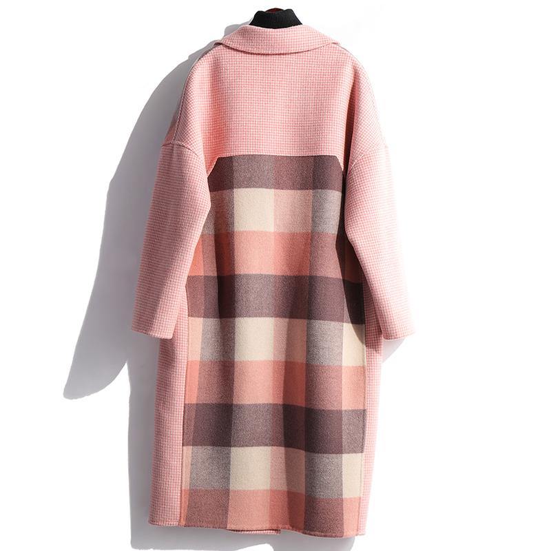 Elegant pink plaid wool coat oversize medium length jackets fall coats patchwork - Omychic