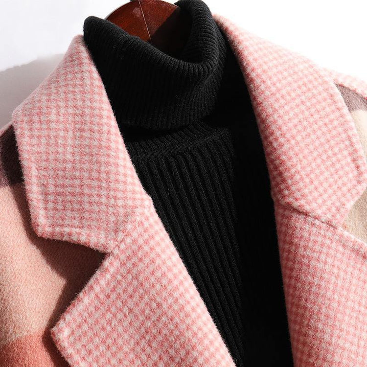 Elegant pink plaid wool coat oversize medium length jackets fall coats patchwork - Omychic