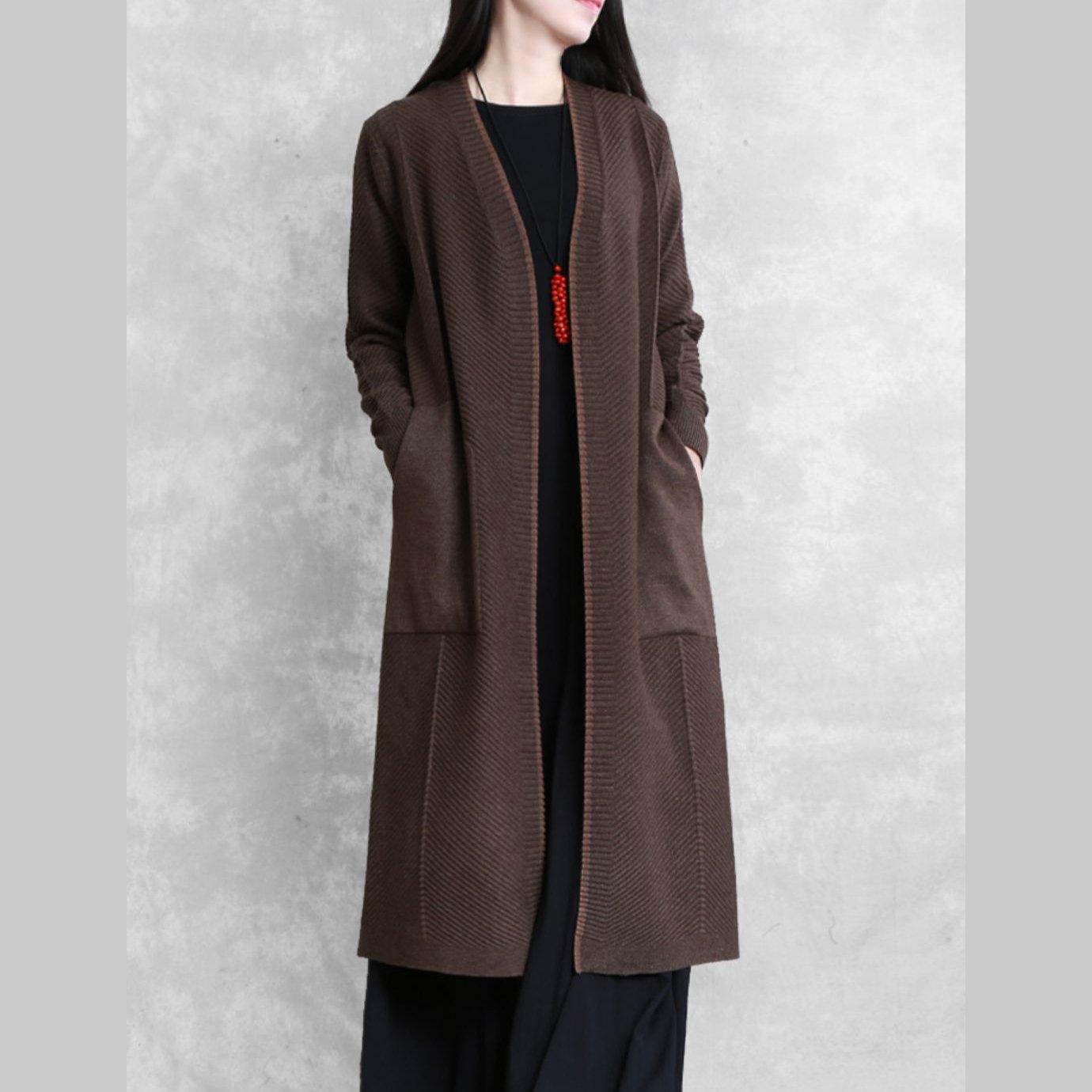 Elegant plus size long coat coat chocolate pockets coat - Omychic