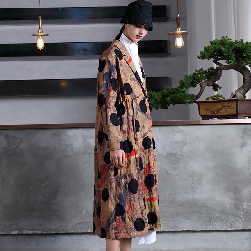 Elegant print dotted cotton overcoat plus size maxi coat Notched drawstring coat - Omychic