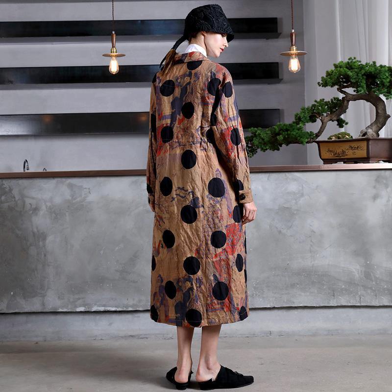 Elegant print dotted cotton overcoat plus size maxi coat Notched drawstring coat - Omychic