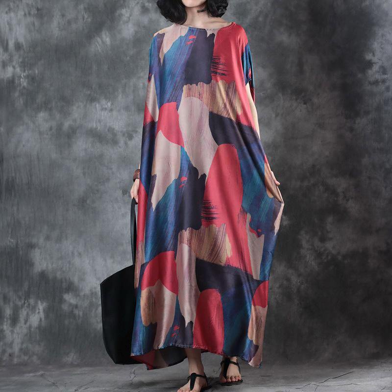 Elegant print maxi dresses o neck short sleeve summer dress baggy dresses - Omychic