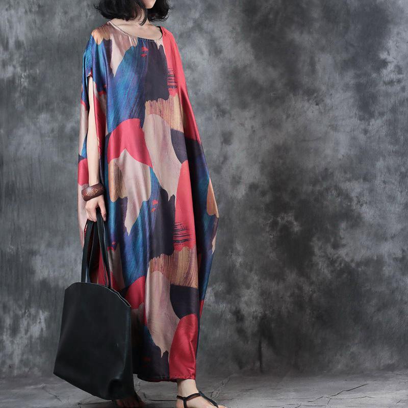 Elegant print maxi dresses o neck short sleeve summer dress baggy dresses - Omychic