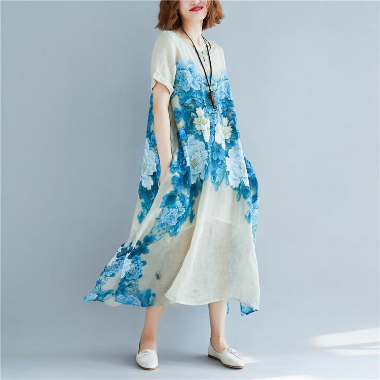 Elegant print silk cotton dress trendy plus size O neck pockets traveling dress New short sleeve side open long dresses - Omychic