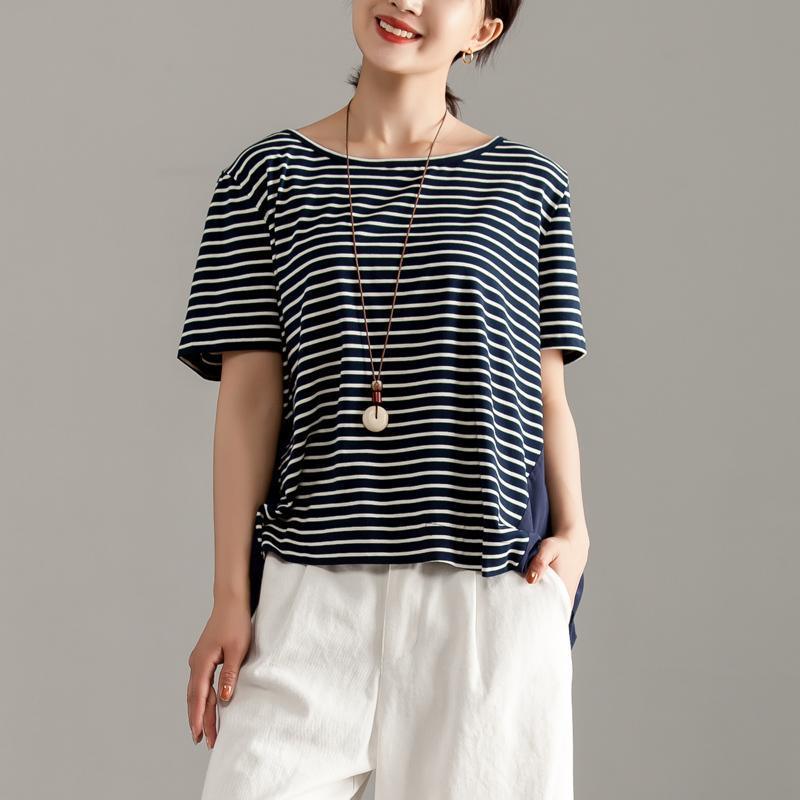 Elegant pure cotton blended blouse oversized Women Casual Short Sleeve Stripe Blue Tops - Omychic