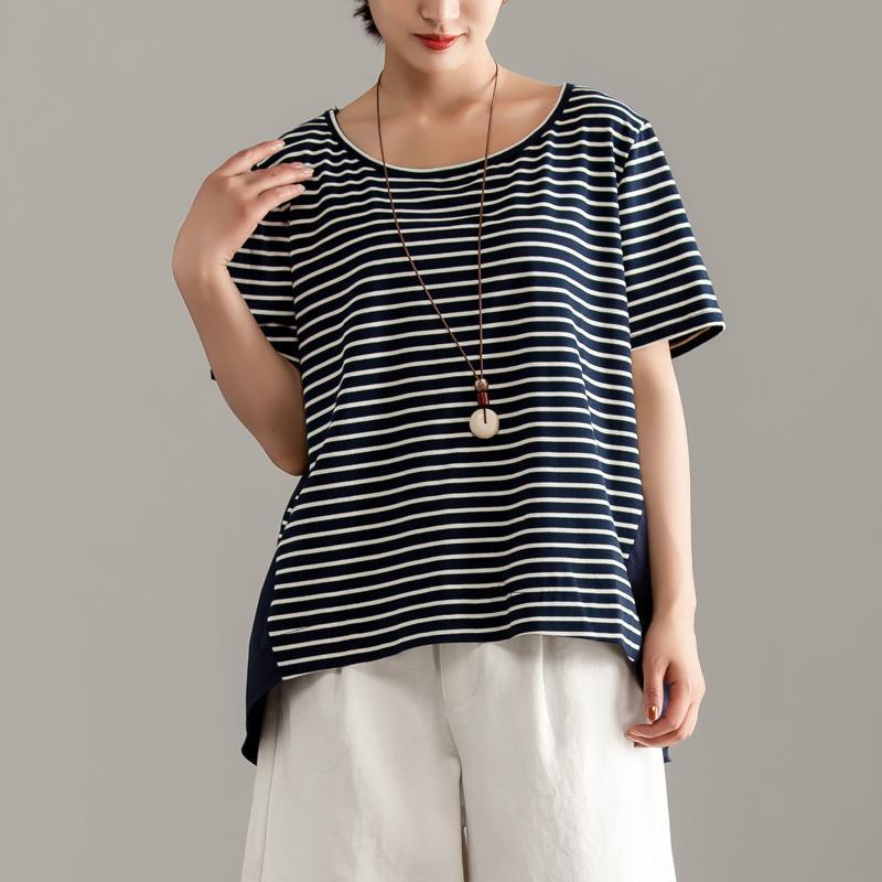 Elegant pure cotton blended blouse oversized Women Casual Short Sleeve Stripe Blue Tops - Omychic