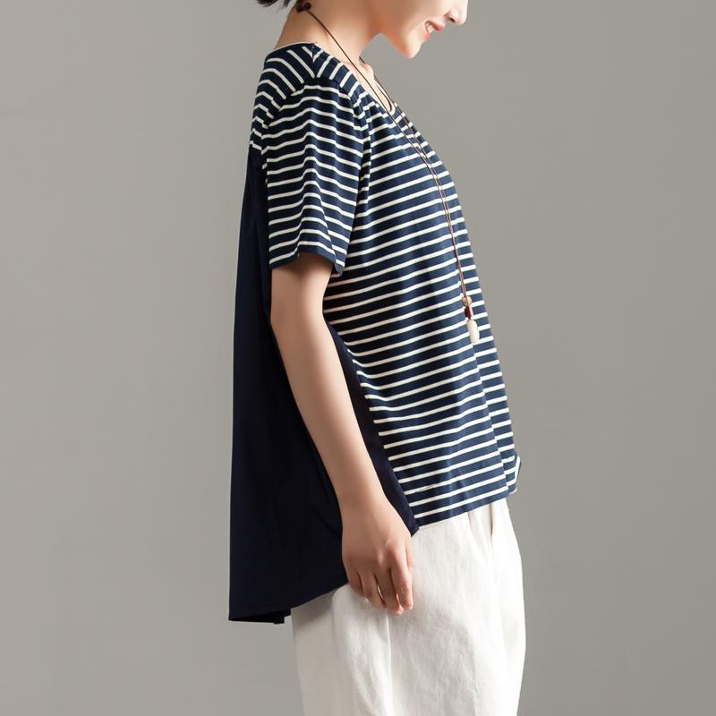 Elegant pure cotton blended blouse oversized Women Casual Short Sleeve Stripe Blue Tops - Omychic