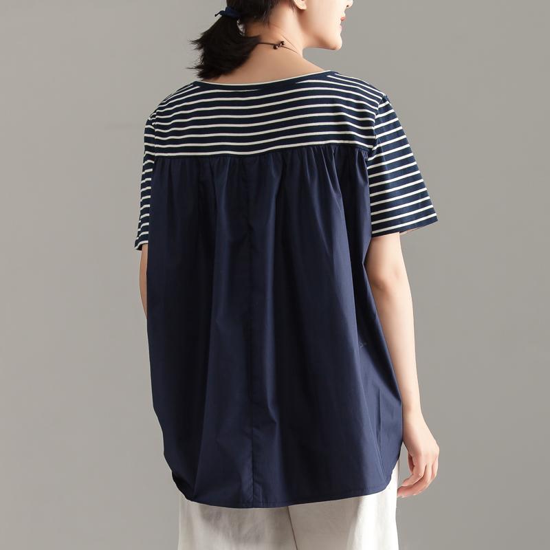 Elegant pure cotton blended blouse oversized Women Casual Short Sleeve Stripe Blue Tops - Omychic